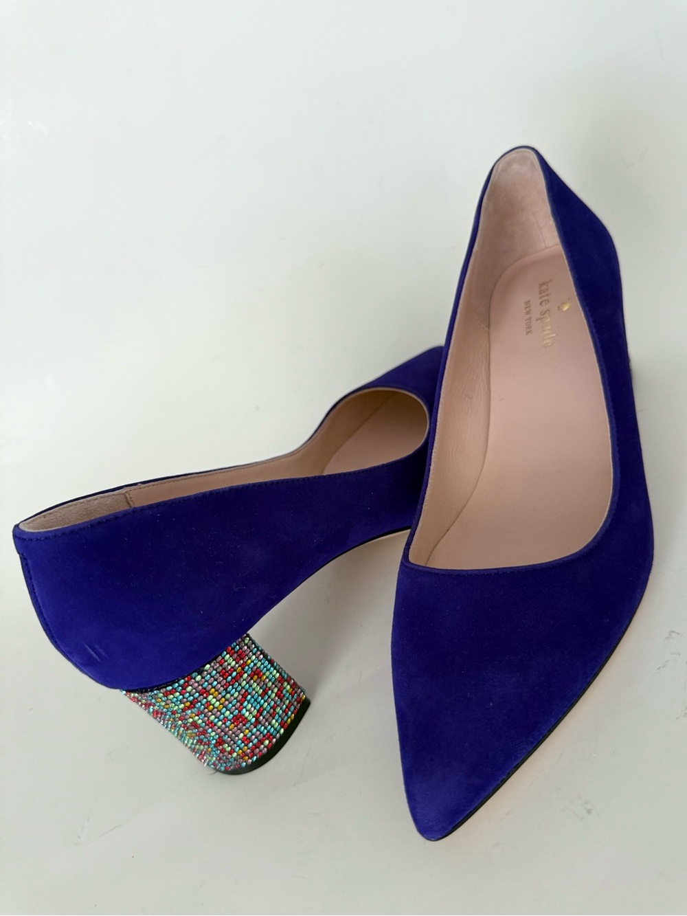 Kate Spade Cobalt Blue Pumps Multicolor Rhinestones Block Heel Pointed Toe